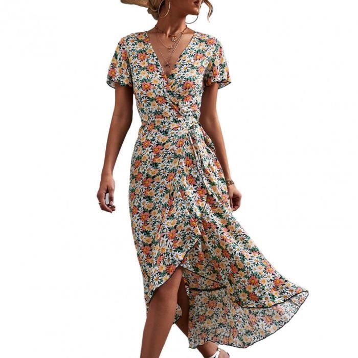 Robe D'été à Bretelles Spaghetti Imprimé Floral – Style Bohème Plage – Col V, Longueur Maxi, Fente Avant – Taille Haute