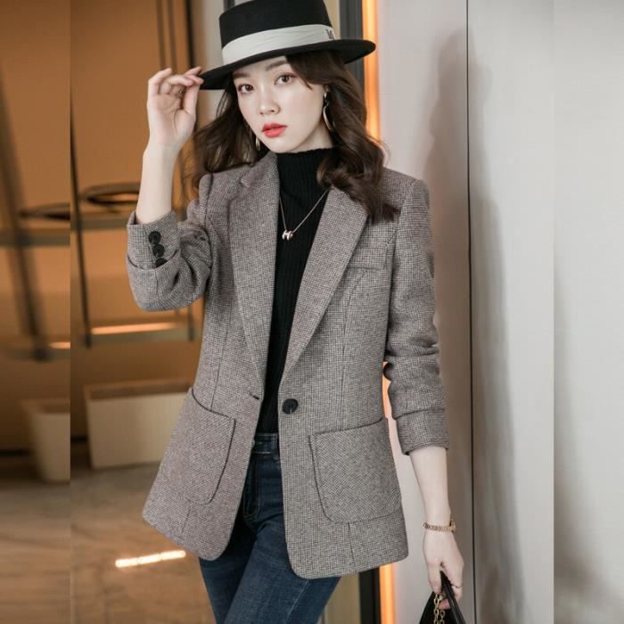 Manteau Blazer classique de styliste pour femmes vetement de travail a carreaux coupe ajustee avec boutons Sigle Brown F1239 Blanc Cdiscount Pret a Porter