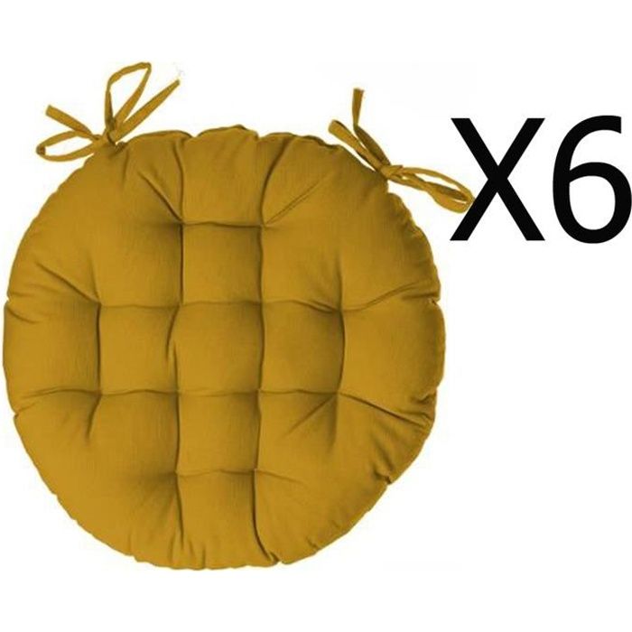 Lot de 6 galettes de chaise ronde en coton coloris ocre - Diamètre 38 cm Lot de 6 galettes de chaise ronde en coton coloris ocre - Diamètre 38 cm