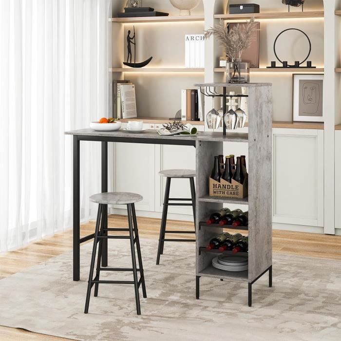RELAX4LIFE Ensemble Table à Manger avec 2 Tabourets Porte-Bouteille&Porte-Verre Table Bistrot et Chaises Charge Total 250KG Gris