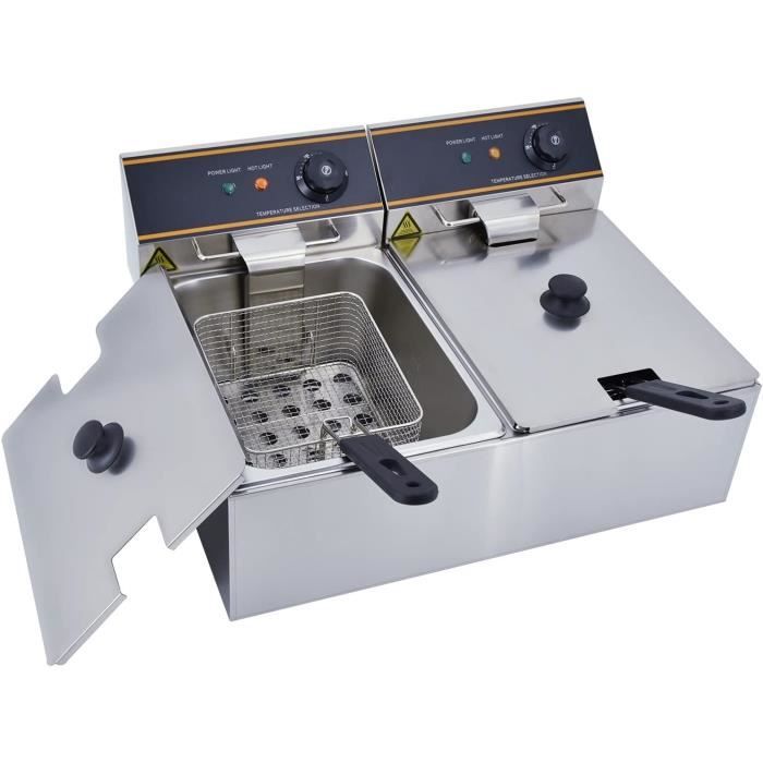 Friteuse électrique Double 12 Litres - 5000 W, Acier Inoxydable, Zones Froides, Pour Usage Professionnel Ou Familial