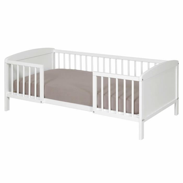 lit enfant avec barrières peyo - sogan - blanc 70x140 cm - bois massif - matelas inclus - classique - intemporel