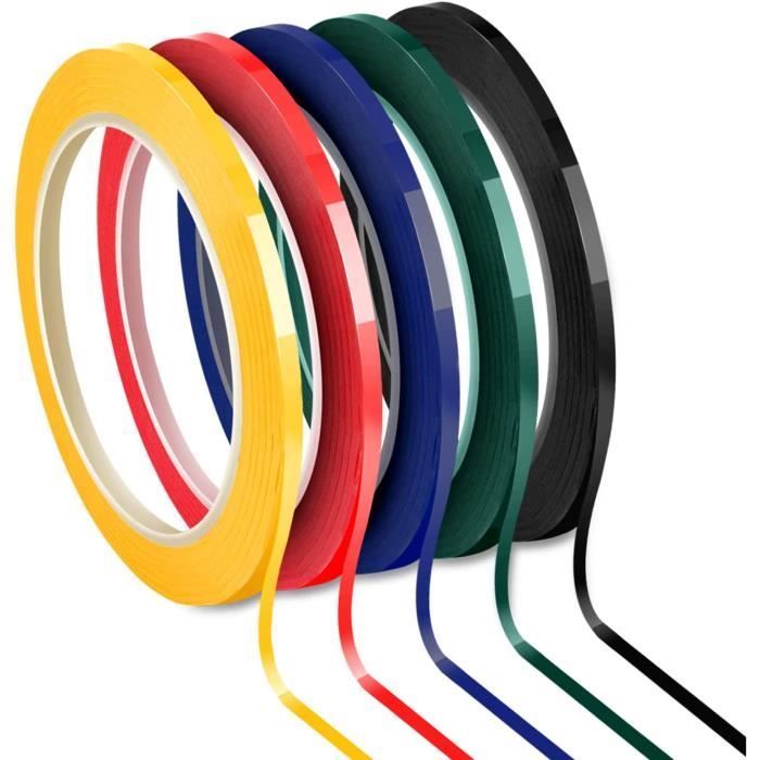 Ruban Graphique Auto-adhésif 3mm | 5 Rouleaux 66m (Noir, Rouge, Bleu, Vert, Jaune) | Pour Tableau Blanc DIY