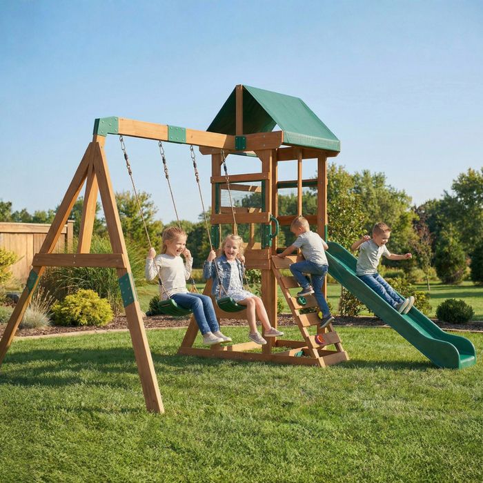 Portique En Bois AIYAPLAY – 2 Balançoires, Toboggan 90 Cm, Mur D’escalade – Pour Enfants De 3 à 8 Ans – Capacité 140 Kg