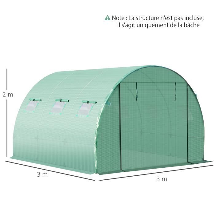 Bâche de Rechange pour Serre de Jardin Tunel 9 m² en Polyéthylène  Imperméable Anti-UV, Vert