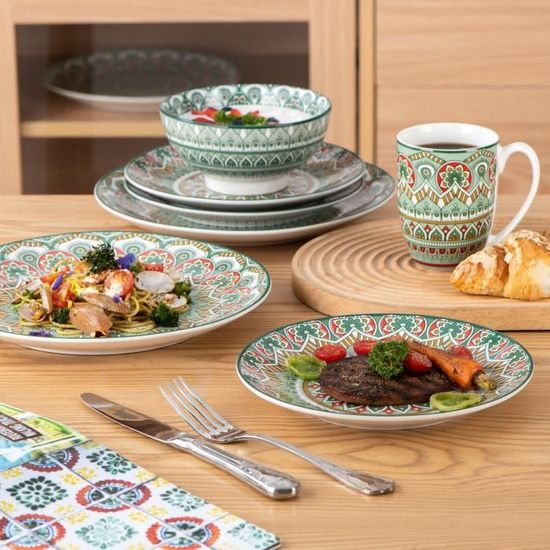 Assiette Plate Bols Style Bohémien Série Mandala vancasso Assiette à Dessert Service de Table en Porcelaine 16 pièces pour 4 Personnes
