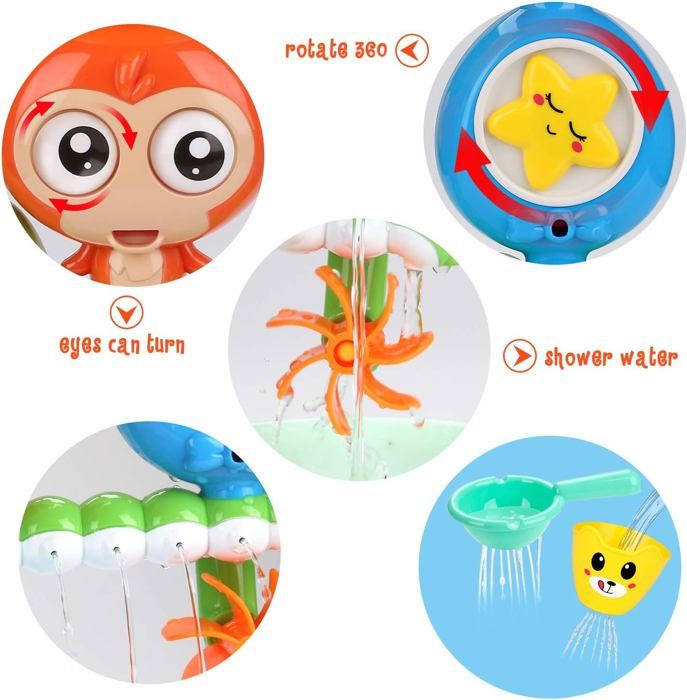 Jouets de bain VATOS pour bébés, panier de basket éléphant, jouets de salle de bain pour bébés garçons et filles âgés d'un an, ensemble de jeu pour baignoire avec oiseau, crabe, nuages