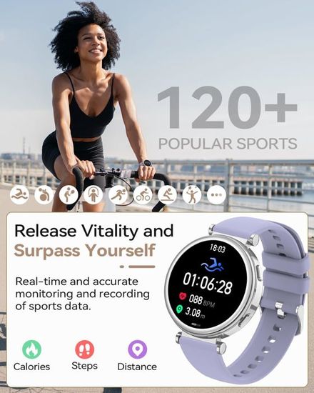 Montre Connectée Femme Sanorum - écran 1,27" HD, IP68 étanche - Suivi Menstruel, Fréquence Cardiaque, SpO2, 120+ Modes Sport - Bluetooth Appels, Autonomie 3-5 Jours - Argent