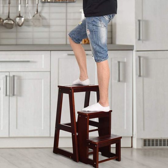 Escabeau Pliable 2 Marches En Bois De Sapin - Multifonction (Tabouret, Support Plantes) - Charge 250 Kg - COSTWAY