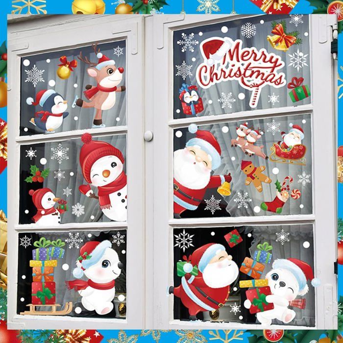 WandSticker4U®- [8 feuilles] Stickers fenêtre Noël enfant PÈRE NOËL et RENNE I Autocollant fenêtre Noël enfant réutilisables I Décoration de Noel stickers vitres décoratifs électrostatique XXL GRAND