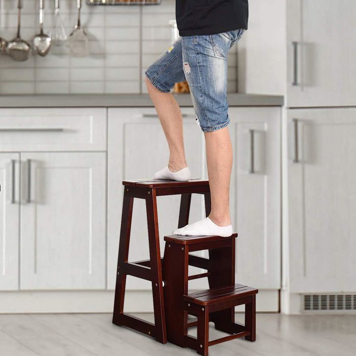 COSTWAY Escabeau 2 Marches Pliable En Bois De Sapin – Tabouret Multifonction 3-en-1 Enfants & Adultes, Charge 250 Kg