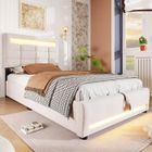 PUGSDRLY Lit adulte Lit coffre rembourré 90x200 cm télécommande APP bande lumineuse d'ambiance lit hydraulique avec prise USB lin beige