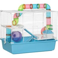 PawHut Cage à hamster rat rongeur 3 niveaux avec tunnel, biberon eau, roue, maisonnette, échelles dim. 59L x 36l x 47H cm