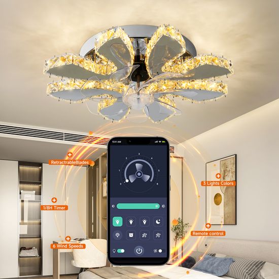Ventilateur de plafond LED en cristal de 19 pouces avec lumière et télécommande pour régler 6 vitesses