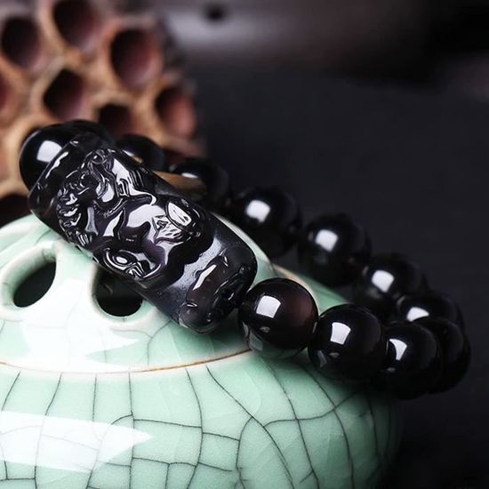 Bracelet Feng Shui Perles D'obsidienne Noire Pixiu - Pour Attirer La Richesse