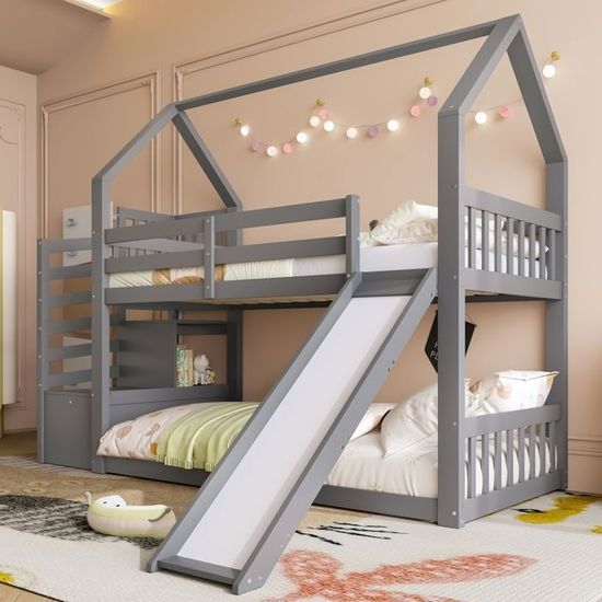 Lit Superposé Cabane En Bois Avec Toboggan Et Escalier - 90x200 Cm - Pin Et Métal, Blanc - Sans Matelas - 4