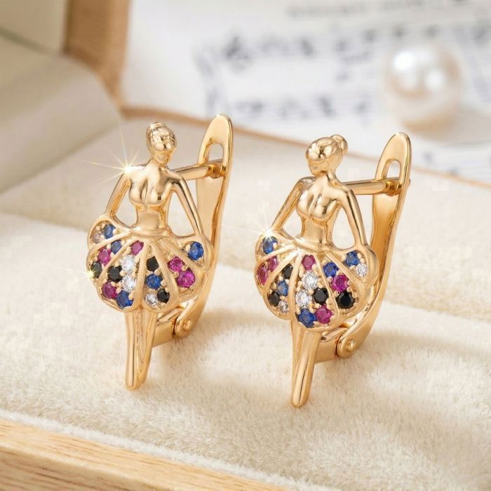 Boucles dOreilles - Dormeuses - Ballerine - Danseuse - Plaqué Or Jaune 750/1000 - Zircons - Multicolore - Femme/Enfant