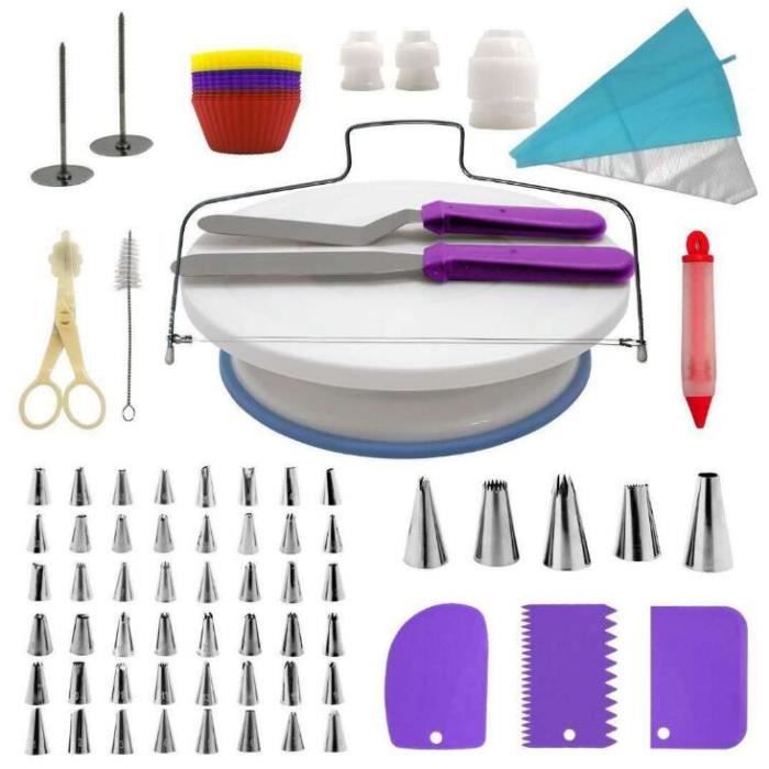 Plateau Tournant de Gâteau, 106pcs Kit de Décoration de Gâteau Professionnel Ustensiles Kit de Pâtisserie Violet