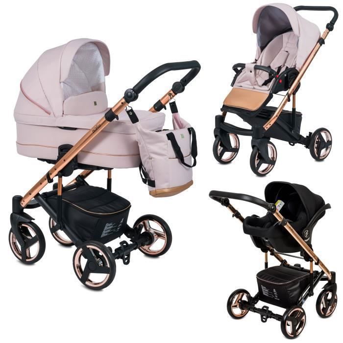 NERI Trio - Poussette promenade 3en1 - Landau, siège auto groupe 0+ - inclus sac à langer - Rose pastel