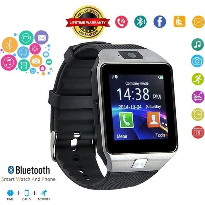 Bluetooth Montre Connectee DZ09 Smartwatch Téléphone Soutien SIM TF Carte avec Caméra pour Android IOS Téléphone Argent