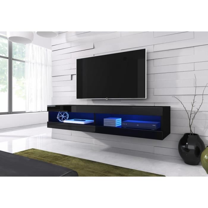Meuble TV flottant Volanti 150 cm Avec LED (corps mat noir - Noir haute brillant Avant)