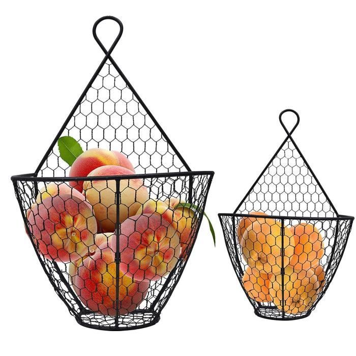 BELLE VOUS Panier Mural (2 Pièces) - Panier Fruits et Légumes Petite et Grande Taille - Panier Metal de Rangement Corbeille Fruits,