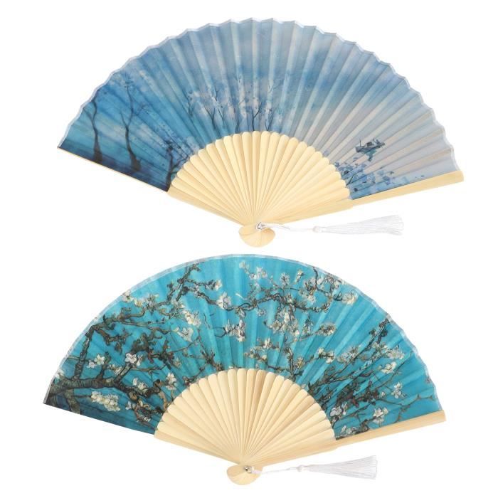 Éventail en bambou, ventilateur pliant à saveur artistique, 2 pièces unique motif de fleur d'abricot cadeau pour les fêtes à