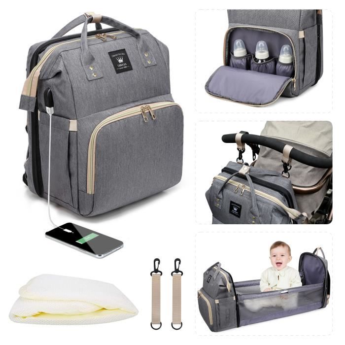 Leogreen Sac à Dos à Langer avec Lit Plié pour Bébé, Grande Capacité Sac à Couches Multifonction Imperméable, Gris