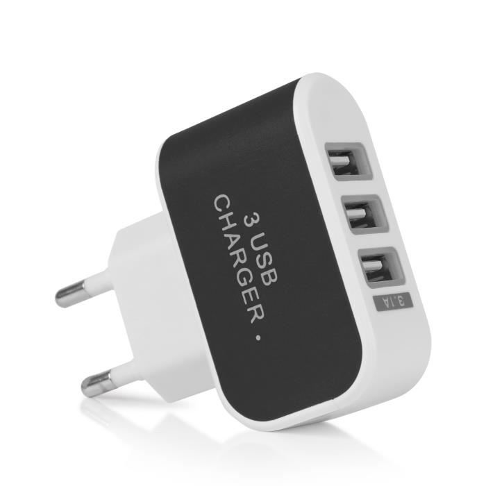 Prise Chargeur Adaptateur Secteur 3.1A - 3 Ports Usb Eu Plug - Noir