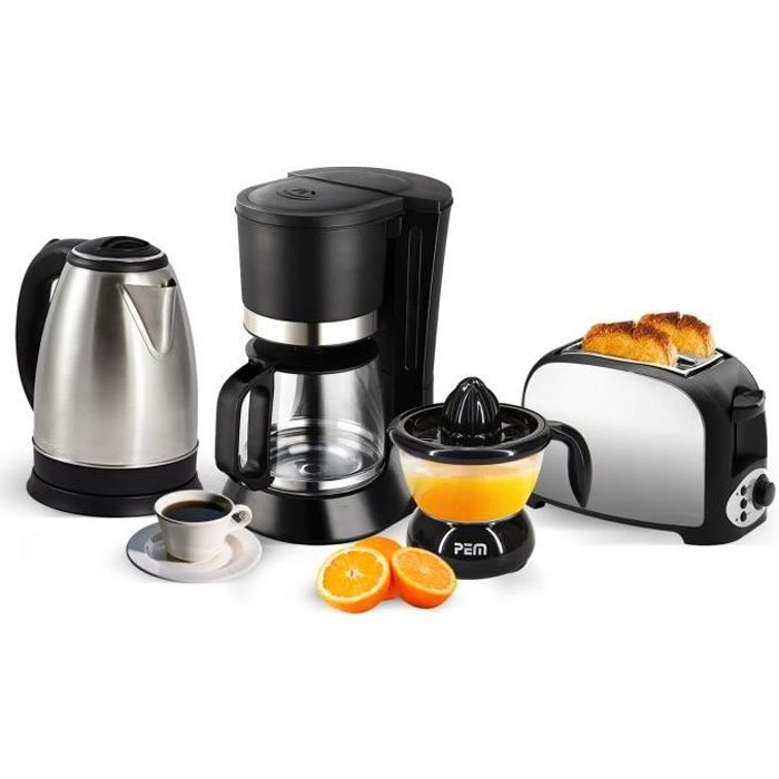 Grille pain 2 fentes inox + Bouilloire inox 1.8L + Cafetière 12 tasses + Presse-agrumes