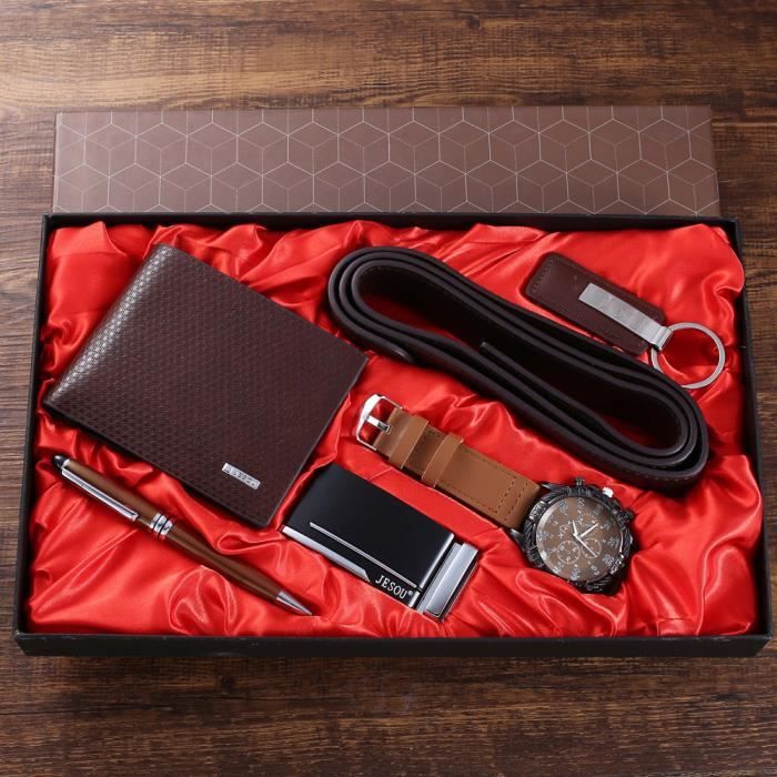 Coffret montre homme + ceinture + portefeuille + porte-clés + stylo -lot de 5 coffret cadeau homme luxe