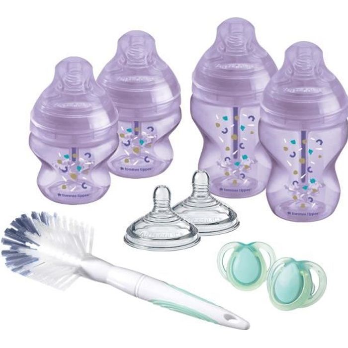 Tommee Tippee Kit Naissance Biberons Anti-Colique Avancé - Tétine valve Anti-Colique débit lent - 150 et 260 ml - Violet