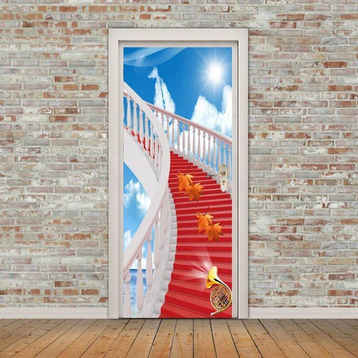 Sticker Porte Effet 3D Palais Chinois - Motif Fleur Botanique Luxueux, 77x200 Cm, PVC Amovible - 4