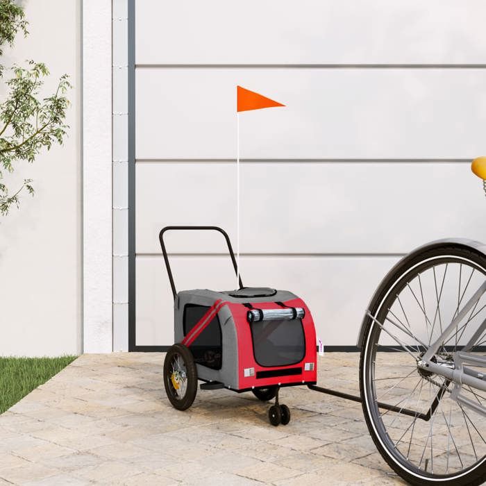 vidaXL Remorque de Vélo pour Animaux de Compagnie, Chariot à Vélo pour Chien avec Drapeau, Remorque de Vélo pour Chien, Rouge et Noir Tissu Oxford et Fer