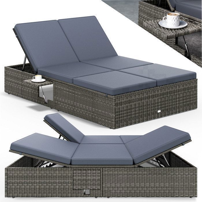 Chaise longue double CASARIA – Bain de soleil 2 places – Extrémités réglables – Polyrotin – Gris/Anthracite – Jardin terrasse