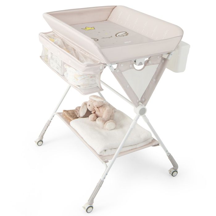 Table à Langer pour Bébé COSTWAY-Pliable-Hauteur Réglable 3 Niveaux-Poubelle-Panier de Rangement-Étagère-Roue Verrouillable-Beige