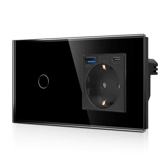 Interrupteur Tactile Verre + Prise Schuko USB Type A/C 20W – Double Compartiment Noir, LED Statut, Installation Encastrée