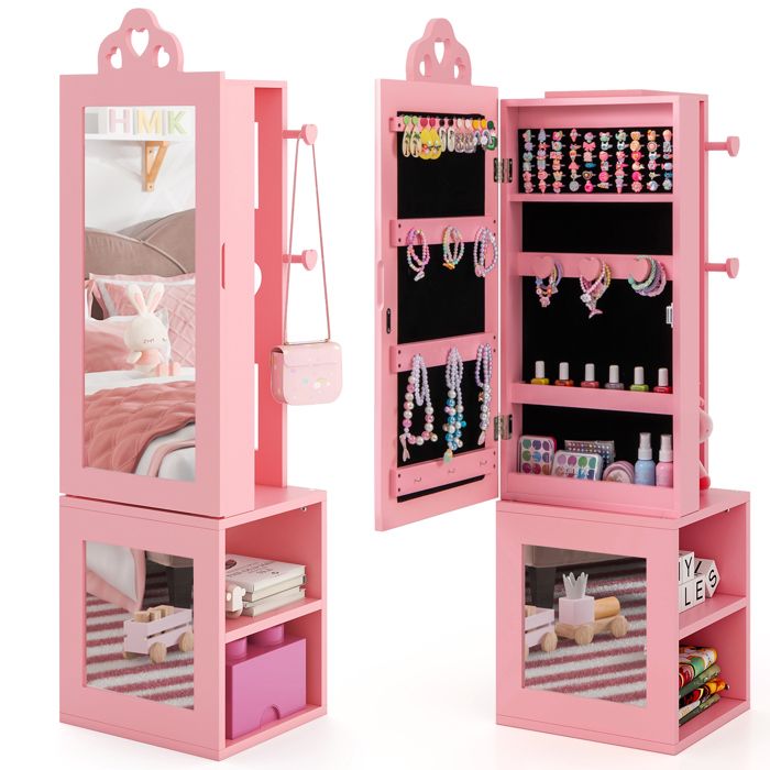 COSTWAY Armoire à Bijoux 3 en 1 pour Enfants avec Miroir Pleine Longueur Portant à Vêtements Rangement pour Bijoux Rose