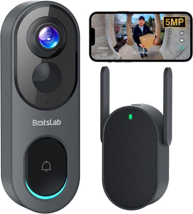 Sonnette vidéo sans fil - BOTSLAB - 360 - Batterie 6400mAh - Angle 180° - IP66 étanche