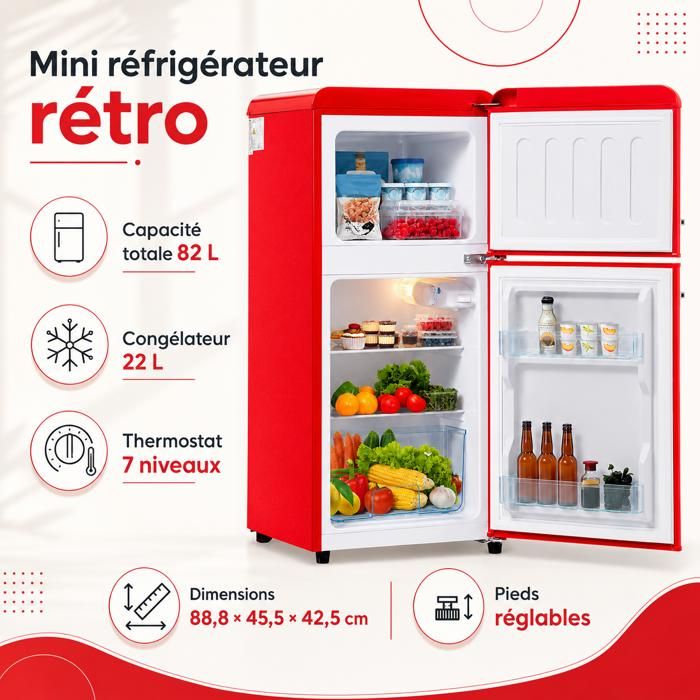 Réfrigérateur 60 Litres 38L+22L Réfrigérateur Congélateu a 2 Portes 【Vérifiez les dimensions】Frigo avce Éclairage LED Rouge