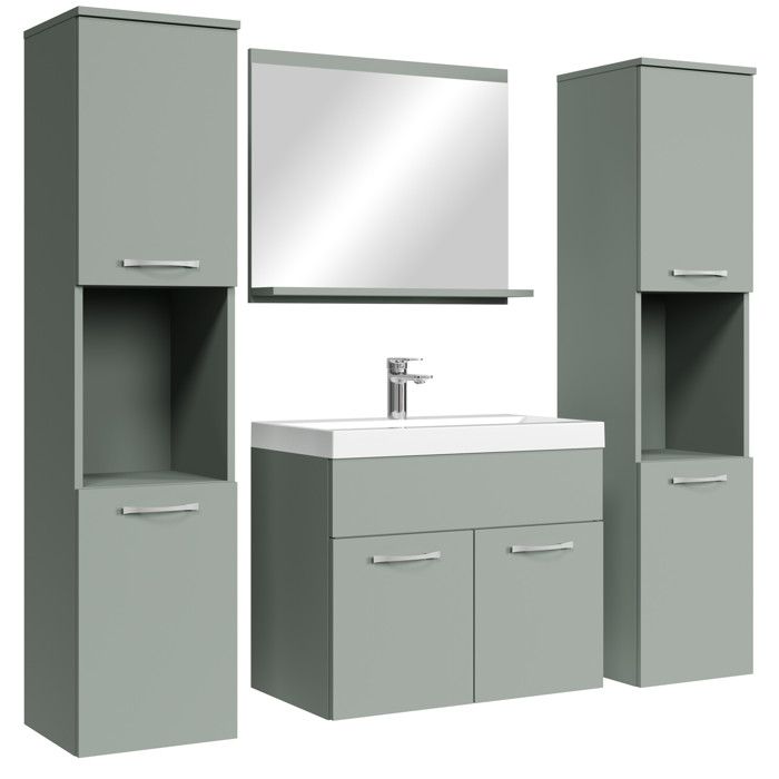 Ensemble de meubles de salle de bain Montreal XL 60 x 35 cm - Vert mat - avec miroir et armoires latérales Ensemble de meubles de salle de bain Montreal XL 60 x 35 cm - Vert mat - avec miroir et armoires latérales