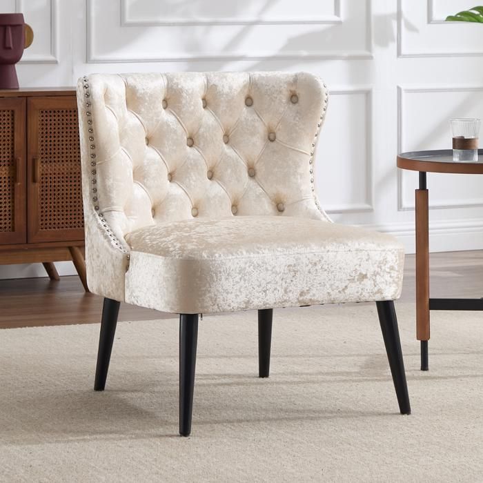 chairus Fauteuil Velours avec Pieds Bois Chaise de Salon pour Chambre Fauteuil Crapaud avec Rivets et Boutons Décoratifs Beige