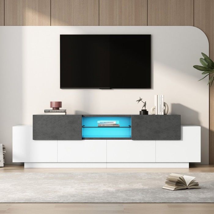 Meuble TV LED moderne buffet bas avec étagères verre rangement multimédia gaming pour TV 80/75/70/65/55 pouces - Blanc+Gris Meuble TV LED moderne buffet bas avec étagères verre rangement multimédia gaming pour TV 80/75/70/65/55 pouces - Blanc+Gris