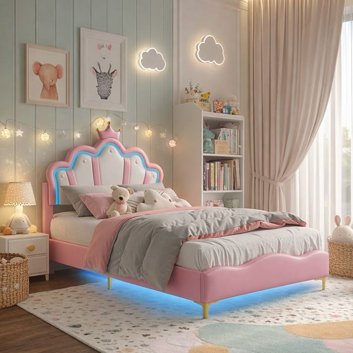 Lit enfant 90x200 avec LED réglables lit fille avec tête de lit en forme de couronne sommier à lattes lit une place cuir PU rose
