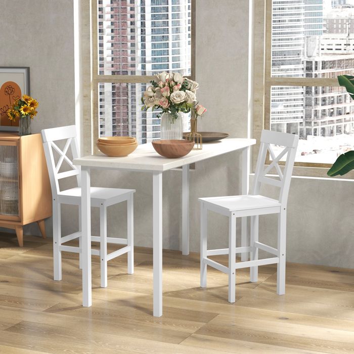 Lot de 2 chaises hautes chaises de bar style campagne chic en bois hauteur 60 cm avec repose-pieds blanc