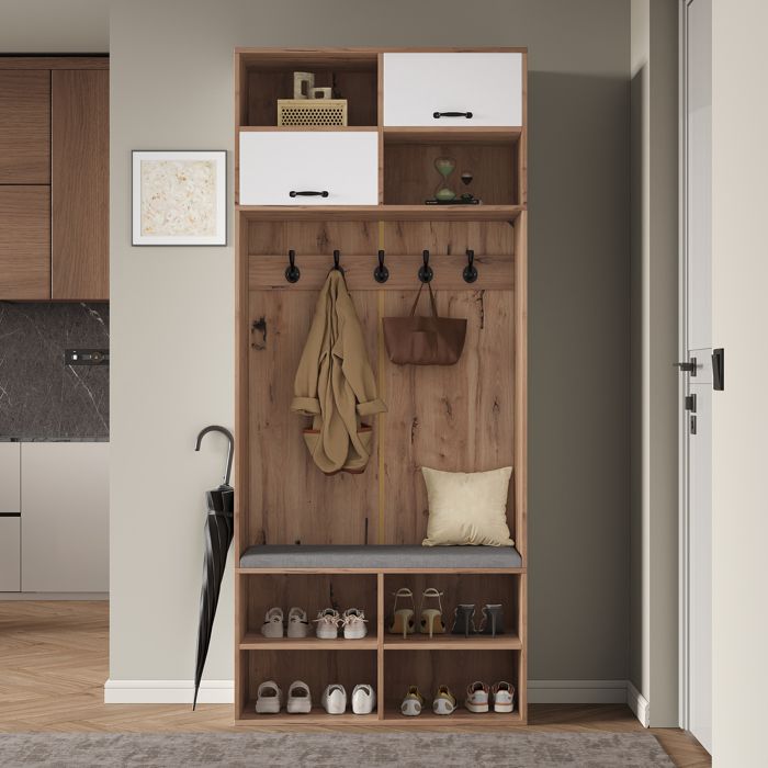Vestiaire dentrée 80x35x185cm avec Meuble a chaussures Meuble entree avec 5 crochets 2 portes et 6 espaces de rangement Naturel