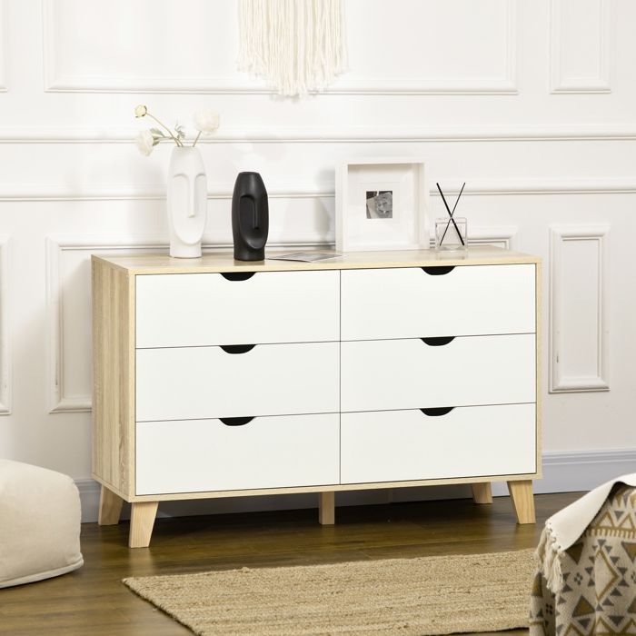Commode 6 tiroirs style scandinave meuble de rangement - dim. 120l x 40P x 76H cm aspect bois et beige