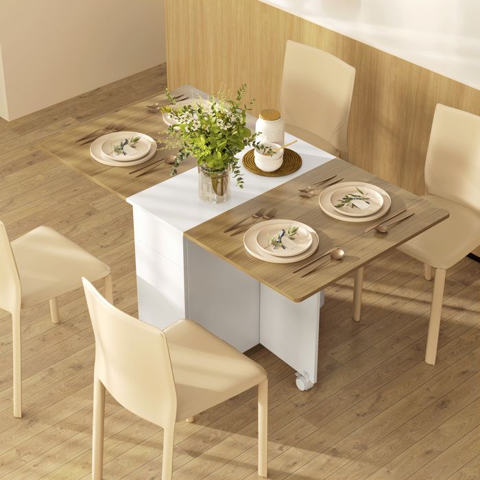 Table à manger pliable pour 2-6 personnes table de cuisine sur roulettes avec 2 tiroirs 2 placards 140x76x74cm blanc
