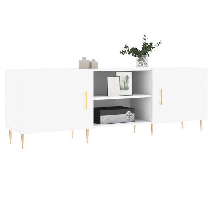 Meuble TV moderne - vidaXL - Blanc - 150x30x50 cm - Bois dingénierie - 4 compartiments - Pieds en fer