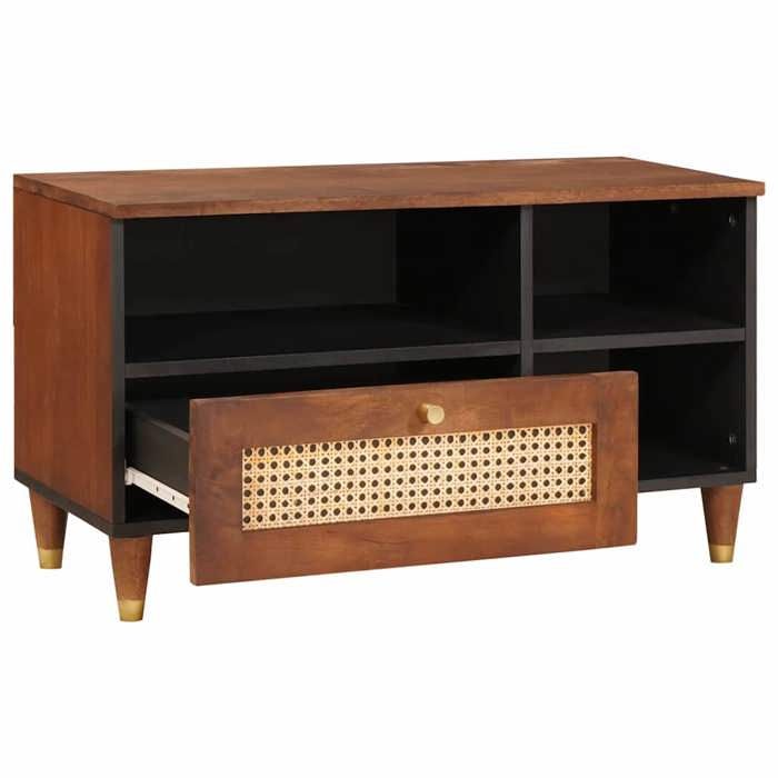 Meuble TV en rotin et bois de manguier - GKO - 80x33 5x46 cm - Marron - Tiroirs - Étagères - Usage intérieur